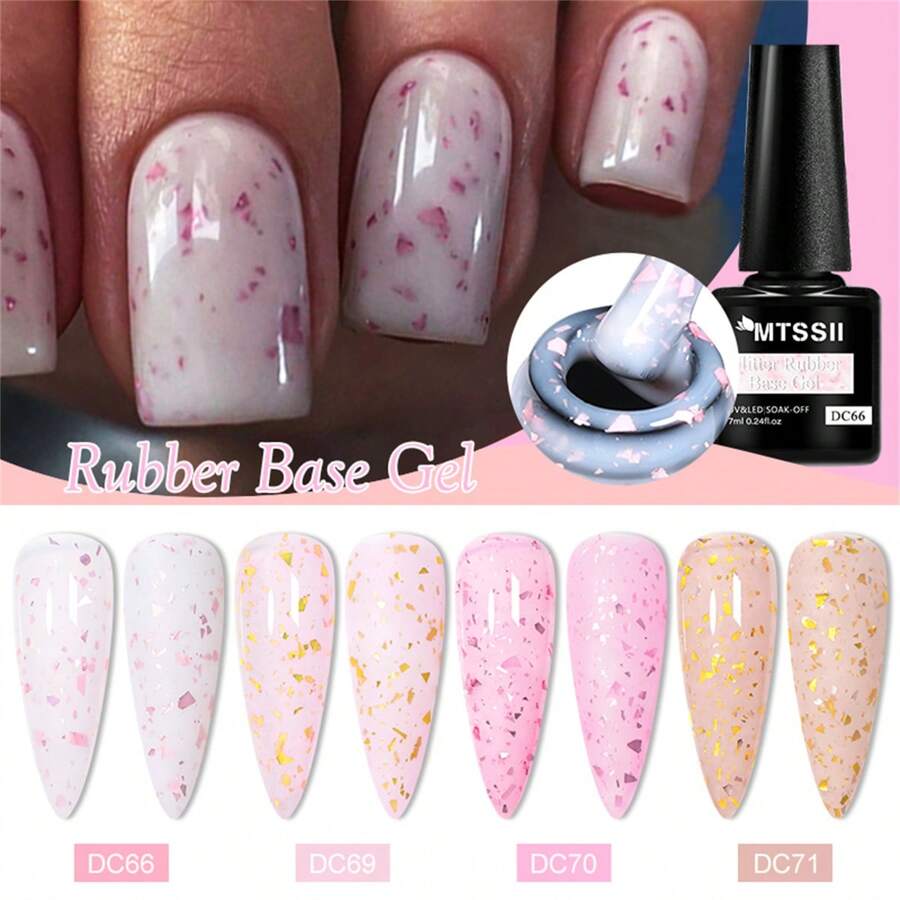4pcs Glitter Rubber Base Gel Nail Polish Set 7ml Pink Gold Glitter Flakes Rubber Base Gel Polish, Self-Leveling UV Construction Gel Semi Permanent Varnishes Rubber Gel Base For Nails Soak Off UV LED Nail Art Gel Polish Manicure Kit Nail Supplies DIY Home Salon Gift For Women - 彩色 - 查看 1