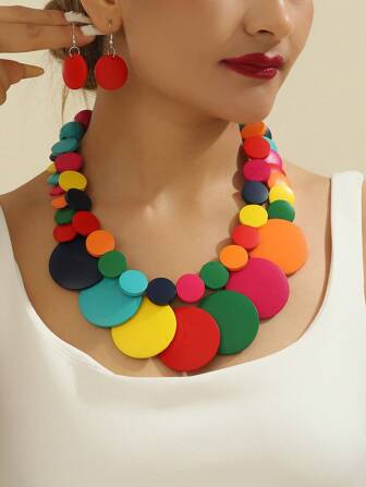 Women's Handmade Wooden Beaded Multilayer Chunky Colorful Mini  Bohemian European Grant Korean Version African  Beach Party Wedding Vacation Necklace Earrings Set