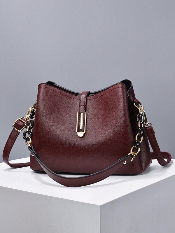 Bolso de mujer de color sólido elegante, bolso de hombro de mujer con cadena, bolso de hombro de mujer de PU y billetera de mujer tipo cubo