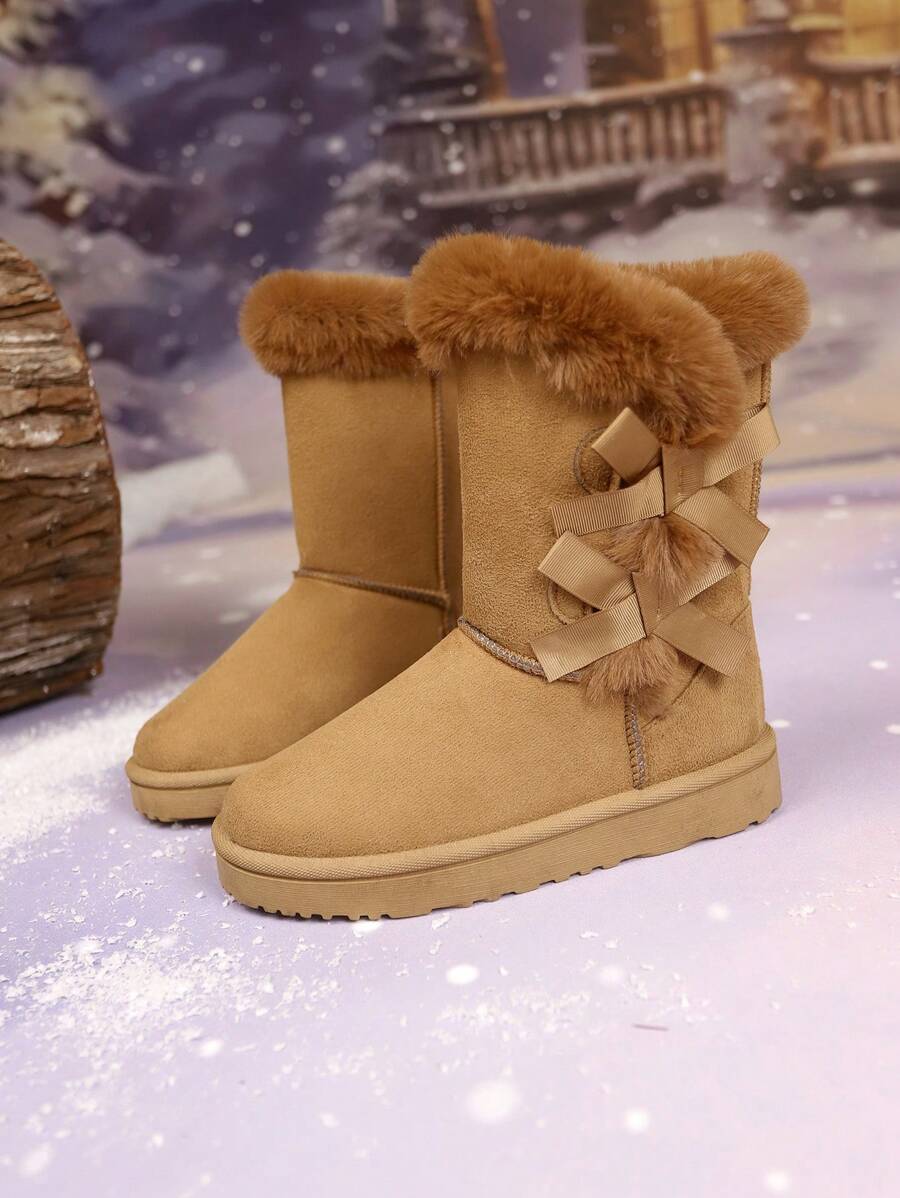 女士加厚平底雪地靴，带保暖内衬，外部蝴蝶结，防滑，时尚经典，简约通勤，舒适一体式设计，有高筒和短筒款式可供选择 - 棕色 - 查看 1