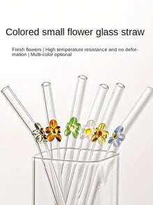 Set (4 Straws + 1 Brush) Reusable Glass Straws Cute Colorful Flower Glass Straws, Colorful Floral Design Heat-Resistant Glass Straw, Washable Reusable Fruit Drinking Smoothies, Milkshakes, Juices, Teas,Kitchen,Christmas Gift,School Supplies