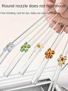 Set (4 Straws + 1 Brush) Reusable Glass Straws Cute Colorful Flower Glass Straws, Colorful Floral Design Heat-Resistant Glass Straw, Washable Reusable Fruit Drinking Smoothies, Milkshakes, Juices, Teas,Kitchen,Christmas Gift,School Supplies