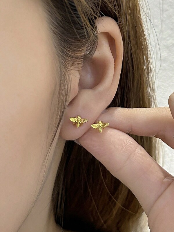 1pair 925 Sterling Silver Plated White Gold/Yellow Gold Bee Stud Earrings, Suitable For Daily Wear