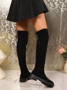 Botas de mujer con estiramiento sobre la rodilla, estilo europeo de otoño/invierno con tacón grueso bajo de ante - Negro - Ver 5