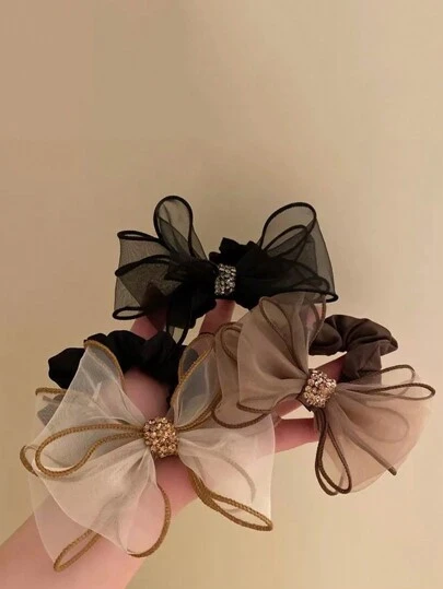 3pcs/Set New Arrival Sweet Versatile Bow Lace Hair Ties With Rhinestones For Women Ponytail Holders Hair Elastics Hair Rubber Bands Scrunchies Hair Rope Beauty Home Hair Accessories