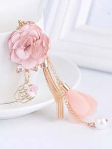 Pink Rose Keychain,Creative Bag Pendant,Fresh And Simple Bag Accessories,Fabric Flower Tassels Decor,Exquisite Pendant,For Gift - Multicolor - View 3