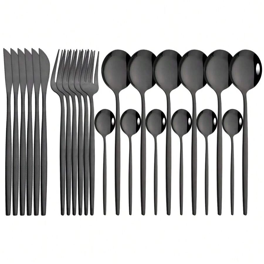 24Pcs Stainless Steel Dinnerware Set Black Gold Flatware Cutlery Spoon Fork Knife Western Silverware Tableware Set Supplies For 6 Uers