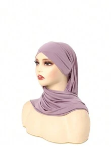 1入組新款穆斯林女士純色包頭巾水晶麻帽，單層十字花紋頭巾帽 - A - 查看 19