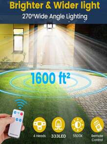 1pc 333 LED/100lLED Solar Outdoor Lights, Waterproof Motion Sensor, Solar Security Spotlight, With Remote Control 3 Mode, 4 Head Solar Floodlight, For Patio, Garage, Porch, Yard(100/300LED ,Integrated/Separation,With/Without Remote Control Optional) Halloween Christmas Thanksgiving Gift - Black - View 5