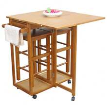 Square Solid Wood Folding Dining Cart With 2 Free Stools Brown - 棕色 - 查看 4