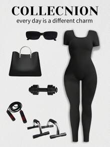 DINBEY Yoga Jumpsuit For Women In Sports Studio, No Back Pleats With Detachable Padded Cups, Square Collar, Hip Lift, Waist Flare Solid Color Jumpsuit Shapewear Bodysuit - Black - View 6