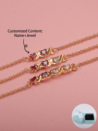 Customized Personalized Birthstone Heart Inlaid Bracelet With 1-4 Names, Ideal For Mother's Day, Valentine's Day, Birthday, Anniversary, Christmas, Graduation, Family & Friends' Gifts Of High-End Quality Stylish,School Supplies,Back To School,School Gift,For Office,For School,For Classroom,For Teacher Gifts,For University,For Colleague,For Dorm Rooms,For Teacher,For Boys And Girls,For Teenagers,Junior High School Students,Middle School Students,High School Senior High School Students,College Students,University Students,Freshman,Sophomore,Underclassmen,Black,Silver,Gold,Stylish,Colorful,Vintage,Simple,Unisex,Casual,Cuties,Custom,Personalized,Unique,Ideal Gifts For Him,Ideal Gifts For Her,Her,Boyfriend,Girlfriend,Dad,Mom,Family,Friends,For Anniversaries,For Birthdays,For Graduation,For Prom,For Party,Customized Fashion Word Bracelets,Street Casual Chic,New Year Glamour