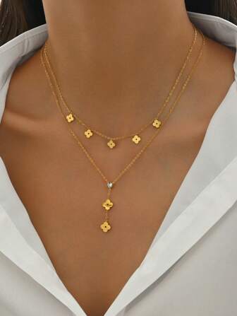 1 件时尚双层花朵形钻石镶嵌不锈钢项链，简约而优雅的女士 Y 形颈链，性感珠宝配饰，适合度假情人节、妈妈、母亲、母亲节、礼物