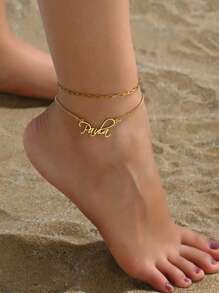 2 件女士个性化名字脚链套装，不锈钢金色定制名字脚链生日礼物 - 金黃色 - 查看 4