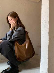 2024 新款韩版简约腋下包女士大容量时尚手提包单肩包手提包休闲设计 - 棕色 - 查看 4