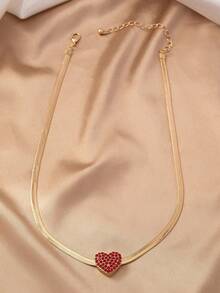 1 pieza Collar de cadena de serpiente con corazón incrustado de diamantes, regalo de moda para festivales - Rojo - Ver 5