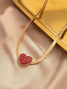 1 pieza Collar de cadena de serpiente con corazón incrustado de diamantes, regalo de moda para festivales - Rojo - Ver 6