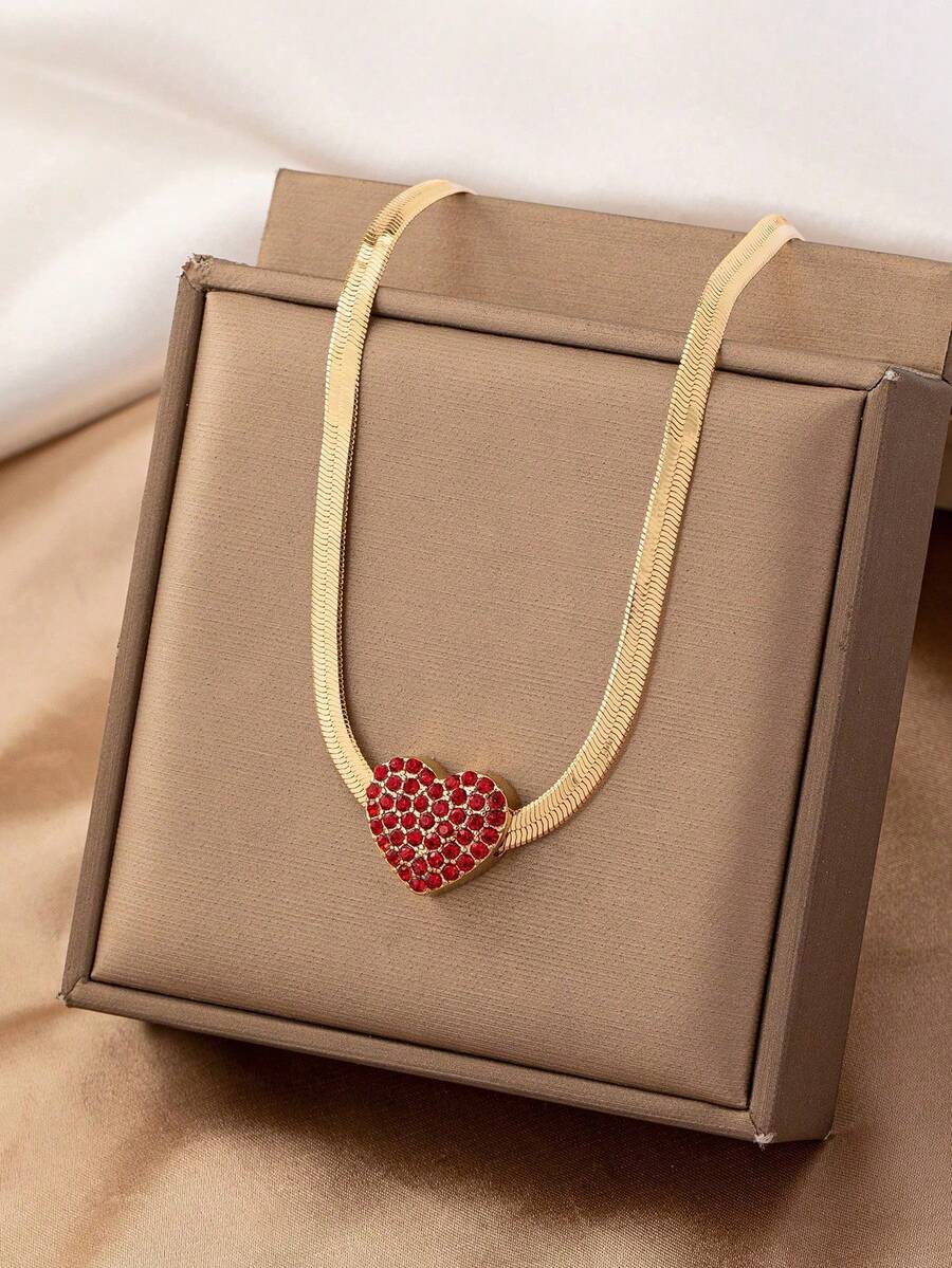 1 pieza Collar de cadena de serpiente con corazón incrustado de diamantes, regalo de moda para festivales - Rojo - Ver 1
