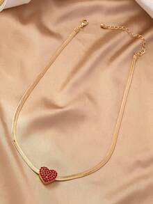 1 pieza Collar de cadena de serpiente con corazón incrustado de diamantes, regalo de moda para festivales - Rojo - Ver 4