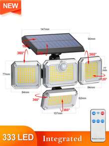 1pc 333 LED/100lLED Solar Outdoor Lights, Waterproof Motion Sensor, Solar Security Spotlight, With Remote Control 3 Mode, 4 Head Solar Floodlight, For Patio, Garage, Porch, Yard(100/300LED ,Integrated/Separation,With/Without Remote Control Optional) Halloween Christmas Thanksgiving Gift - Black - View 3