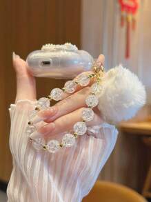 苹果美学白色蝴蝶结耳机盒，配闪亮水钻和白色绒球串珠链 - 彩色 - 查看 3