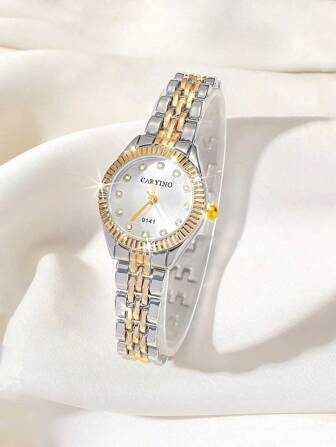  1 pièce Bracelet de montre en acier inoxydable bicolore CARYINO pour femme, montre à quartz classique avec cristaux, convient pour une utilisation quotidienne