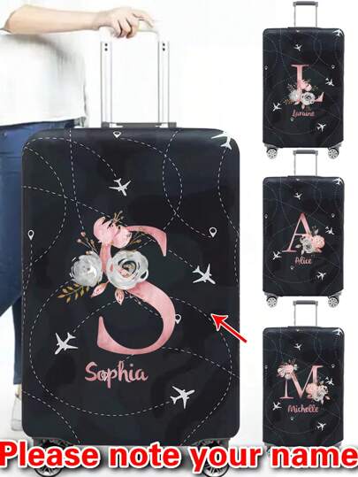 18-32 Inch Luggage Covers, Personalized Elastic Luggage Covers, Suitable For Suitcases From 18 To 32 Inches, Airplane Pattern, Pink Flowers, Initials A-Z Pattern, Scratch-Resistant Protective Cover, Personalized Name Protective Cover, Luggage Cover, Protective Cover, Suitable For Anniversaries, Holidays/Vacations, Outdoor/Outings/Travel/Hiking/Stadium/Sports/Mountaineering, Business/Commuting/Work/Office, Graduation, Weddings, School Supplies, Back-To-School, School Gifts, Office, School