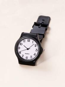 Reloj de cuarzo minimalista con esfera numérica y correa de PVC para estudiantes - Negro - Ver 3