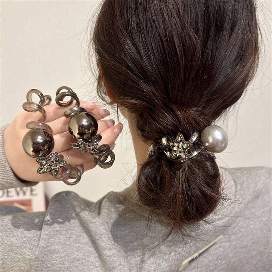 1 buc cravată de păr spiralată cu perle de înaltă calitate în stil coreean, cravată de păr elastică în formă de stea cu stras, accesoriu de păr pentru coadă de cal, frânghie de păr