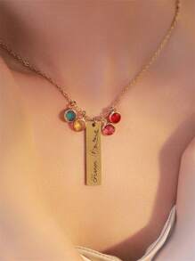 1pc Customized Name & Birth Flower Necklace, Birthstone Rectangle Pendant Name Necklace, Family Members Carved Jewelry Gift For Mom, Birthday, Mother's Day, Graduation, Anniversary, Wedding, Christmas, Party - Silver - View 4