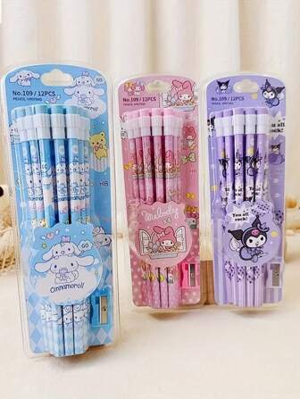 Sanrio 12Pcs Pencils Stationery Set HB Pencils Writing Drawing HB Pencils Sketch Pens (Some Parts May Be Random)
