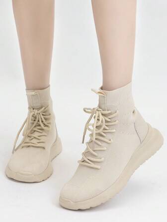 New Mesh Breathable Platform Sneakers Outdoor Travel Casual Socks Shoes Slip-On Fashion Beige Women's Walking Shoes, Spring Autumn