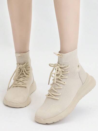 New Mesh Breathable Platform Sneakers Outdoor Travel Casual Socks Shoes Slip-On Fashion Beige Women's Walking Shoes, Spring Autumn