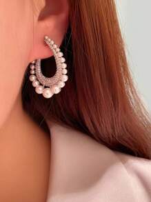 1pair Fashionable Faux Pearl Geometric Stud Earrings, European And American Exaggerated Large Hoop Earrings, High-End And Heavyweight Earrings For Women's Daily Wear - Silver - View 3