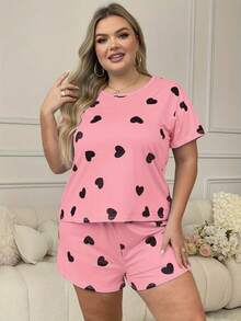 Conjunto de pijama casual para mujer, conjunto de 2 piezas de talla grande con top de manga corta y shorts con estampado de corazón para estar en casa - Rosa - Ver 4