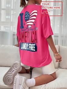 Customized Gift For Christmas, Thanksgiving, Women's T-Shirt - Add Your Own Text/Image (Slogan, Name, Badge, Company Logo, Family Photo, Selfie) To Design Your Personalized Printed T-Shirt, Anniversary, Valentine's, Christmas, Thanksgiving, New Year Patterns, Baby/Couple/Family/Pet Photos, Custom T-Shirt - Hot Pink - View 3