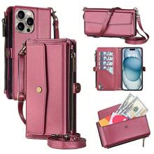 Ốp lưng dạng ví cho iPhone 16 Pro Max [Chặn RFID], Ốp lưng dạng ví đeo chéo có ngăn đựng thẻ, Dây đeo cổ tay, Dây đeo vai, Ốp lưng lật bằng da PU mềm cho nam nữ, Dành cho iPhone 16Pro Max làm quà tặng cho Halloween, Giáng sinh, Sinh nhật, Năm mới, Quà tặng cho bạn bè - Màu Đỏ Sâu - Xem 1