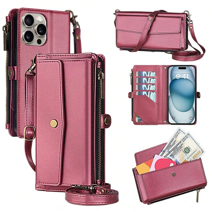 Ốp lưng dạng ví cho iPhone 16 Pro Max [Chặn RFID], Ốp lưng dạng ví đeo chéo có ngăn đựng thẻ, Dây đeo cổ tay, Dây đeo vai, Ốp lưng lật bằng da PU mềm cho nam nữ, Dành cho iPhone 16Pro Max làm quà tặng cho Halloween, Giáng sinh, Sinh nhật, Năm mới, Quà tặng cho bạn bè - Màu Đỏ Sâu - Xem 1