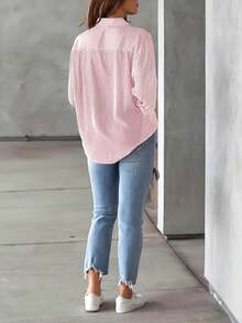 新款秋季花卉条纹开衫衬衫，女士休闲长袖衬衫 粉色 - 粉色 - 查看 3