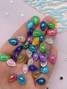50pcs Random Mixed Color Ab Resin Miniature Peacock Eye-Shaped Iridescent Drops, 7*12mm, Flat Back, 3d Rhinestone, Perfect For Diy Crafts, Scrapbooking And Phone Case Decoration, Fashion Accessories And Wedding Embellishments