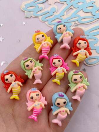 12个随机混色包装树脂漆彩绘皇冠美人鱼女孩平面3D卡通系列迷你人偶贴纸装饰手工DIY个性化剪贴簿配件工艺品夏季、学校