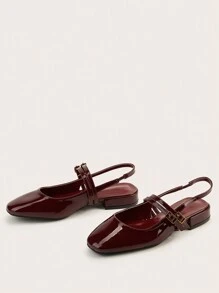 2025 Autumn Burgundy Patent Leather Square Toe Bow Decor Strap Chunky Heel Sandals, Casual & Commuting,Ballet Flats - Burgundy - View 3