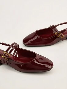 2025 Autumn Burgundy Patent Leather Square Toe Bow Decor Strap Chunky Heel Sandals, Casual & Commuting,Ballet Flats - Burgundy - View 4