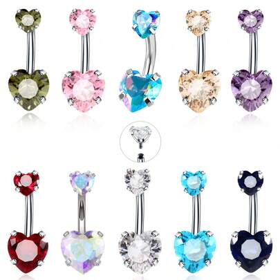 1件水晶肚脐环，肚脐穿刺饰品，14G不锈钢杆，闪亮双心螺纹肚脐环，男女通用