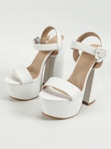 Sandalias con correa en el tobillo de bloque de color para mujer, tacones súper altos y plataformas cónicas, tacones gruesos blancos con detalle de correa con hebilla - Blanco - Ver 8