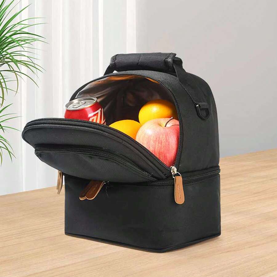 午餐袋，便攜式防漏保溫飯盒袋，可重複使用大容量保溫午餐袋，適用於學校，班級，大學，辦公室，露營和野餐，學校用品，廚房組織和存儲，廚房配件 - 黑色 - 查看 1