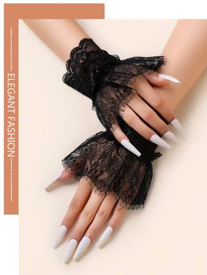 1 pereche de manșete din dantelă cu mănuși elastice, decorative, fără degete, pentru primăvară, toamnă, Halloween