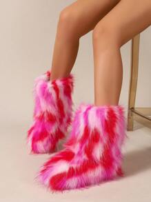 Women's Fluffy Snow Boots Flat Plush Mid-Calf Bootie - Multicolor - View 5