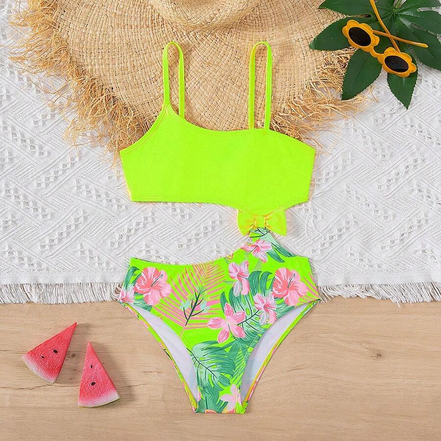 Roupa de banho de uma peça sem costas com flores neon fofa para Pré-adolescente, adequada para meninas de tamanho médio a grande.