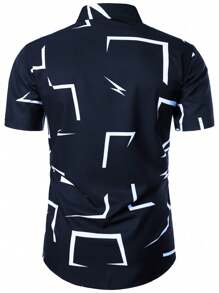 Men's 3D Geometric Pattern Fashion Casual Business Short Sleeve Shirt, Summer - Navy Blue - View 2